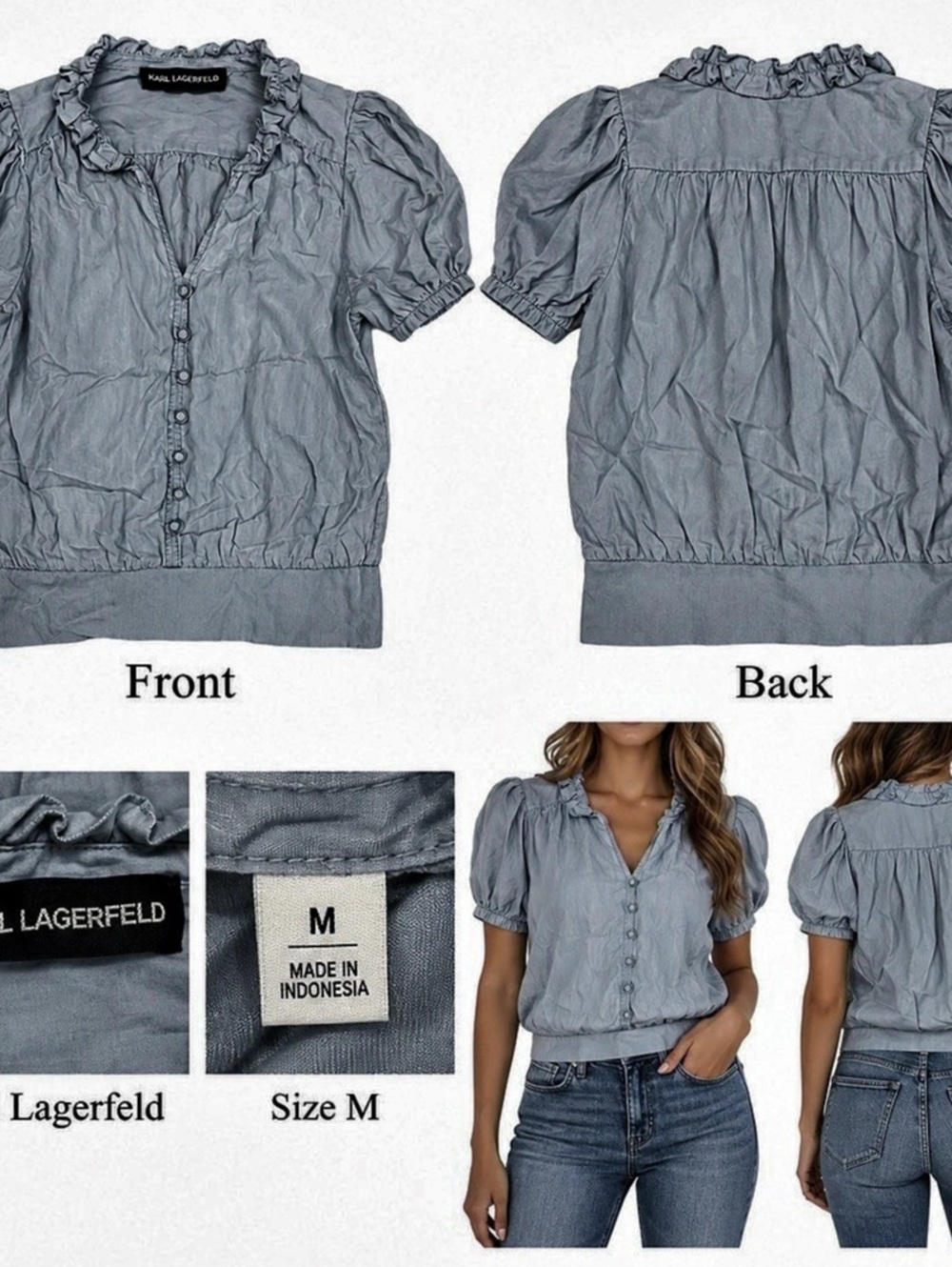 Karl Lagerfeld Short Sleeve Blouse in Blue Size Medium